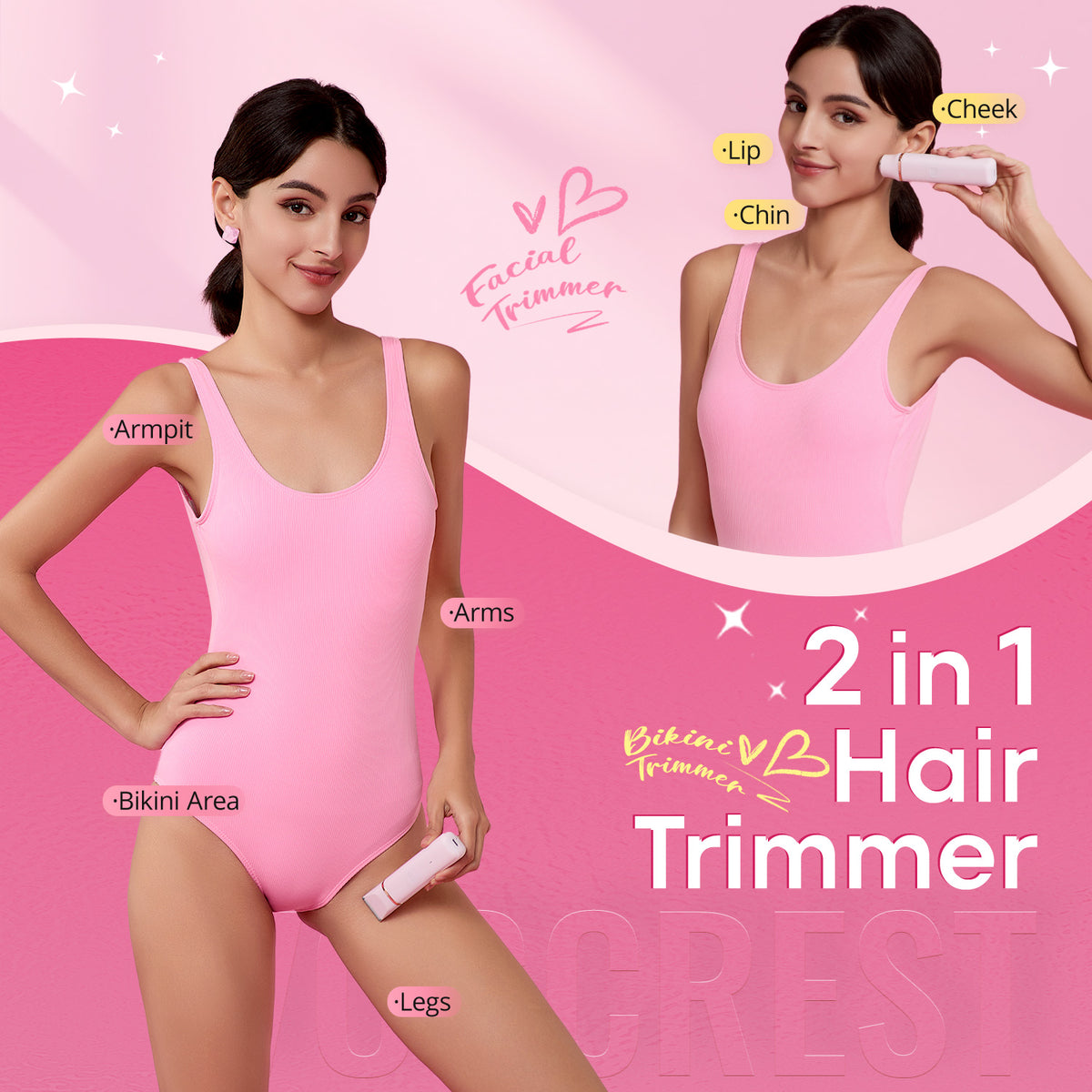 Electric Bikini Trimmer: 2 in1 Body Facial Hair Remover (Pink)