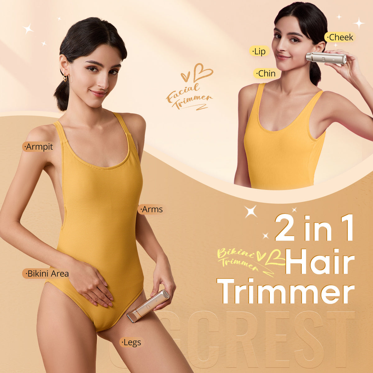 Electric Bikini Trimmer: 2 in1 Body Facial Hair Remover (Rose Gold)