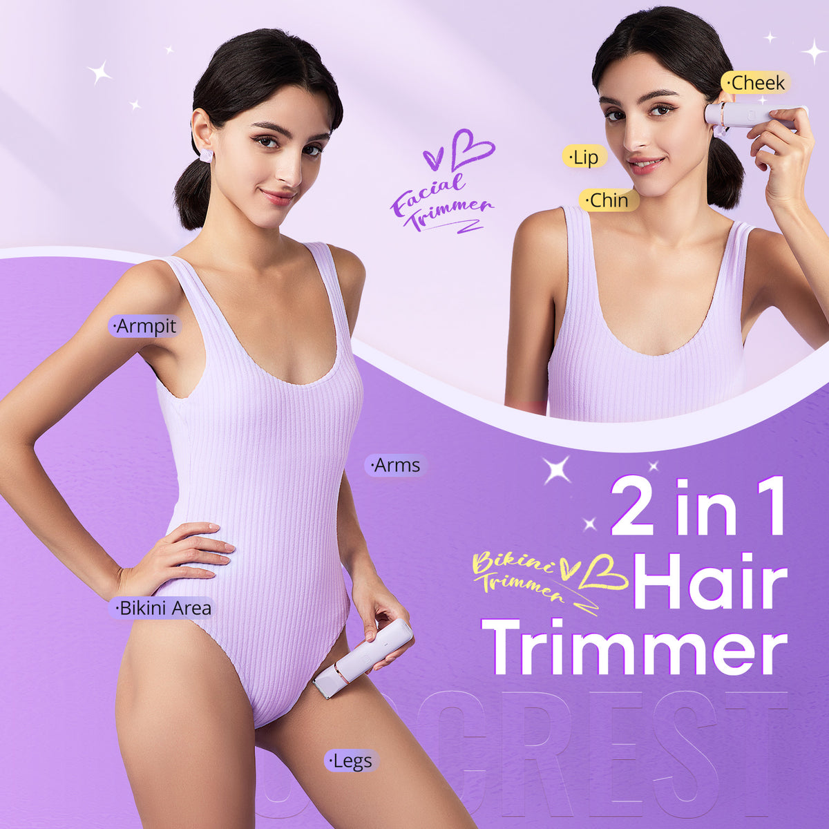 Electric Bikini Trimmer: 2 in1 Body Facial Hair Remover (Purple)